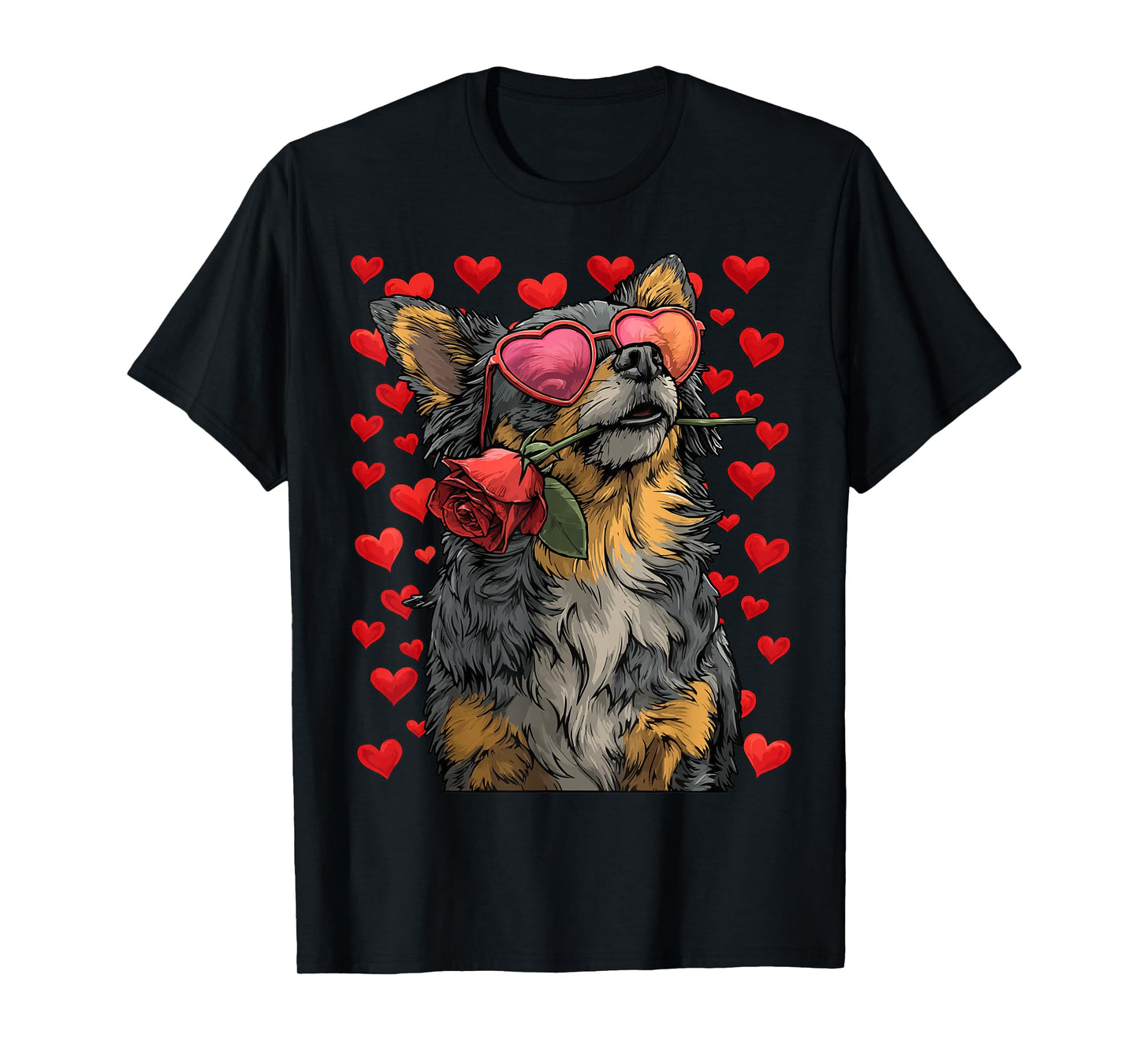 Cute Chihuahua with Heart Glasses Rose Valentine's Day Dog T-Shirt