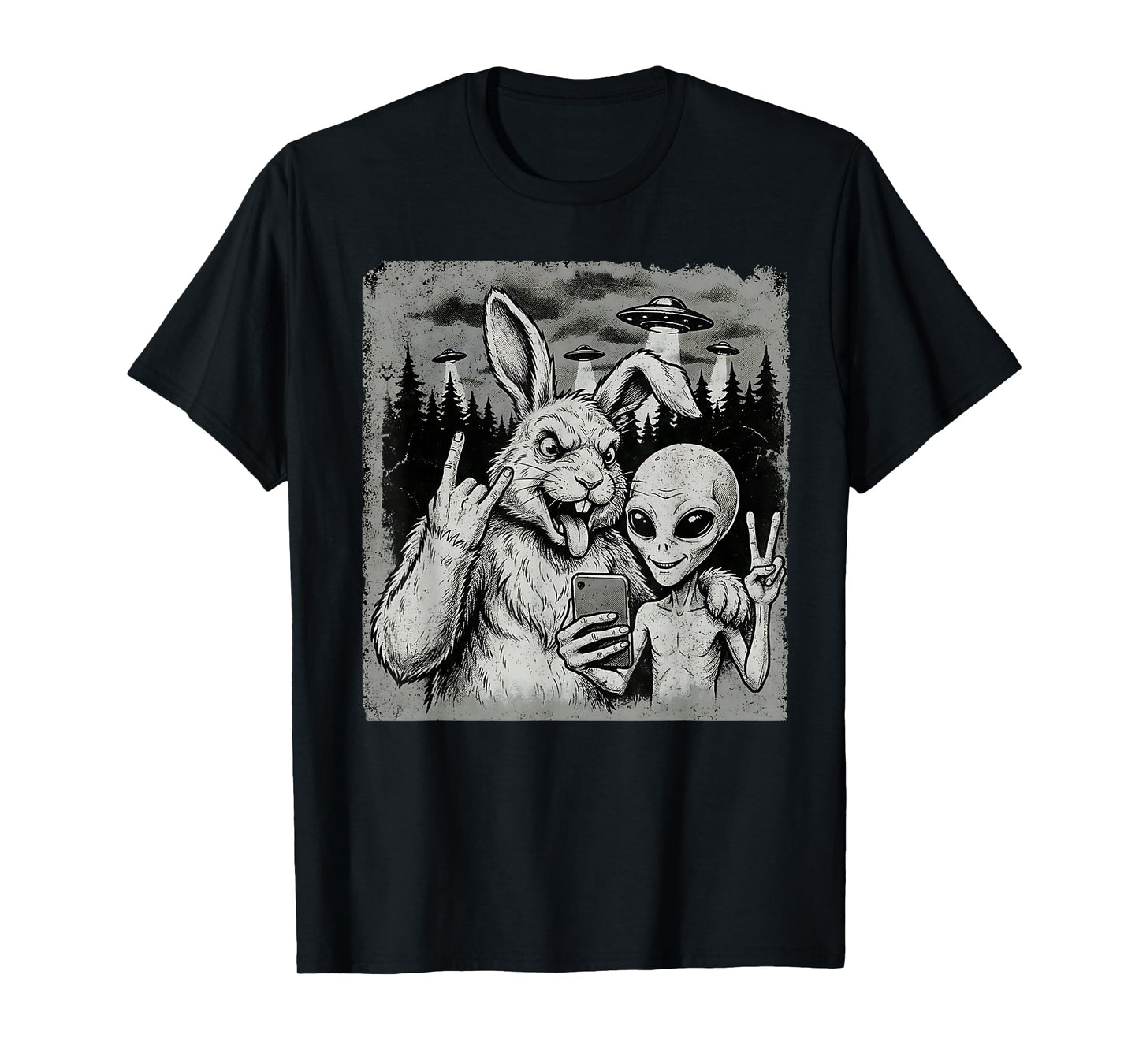 Funny Rabbit and Alien Rock On Hand Sign UFO Selfie T-Shirt