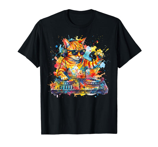 Colorful Orange Tabby Cat Playing Music Cat Lovers DJ Lovers T-Shirt