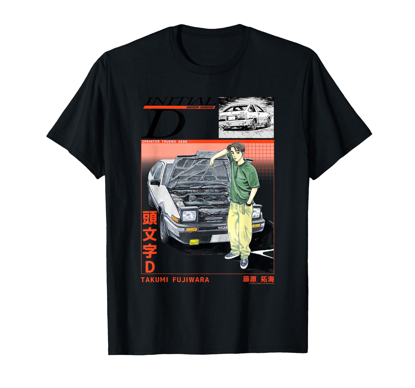 Initial D Takumi Open Hood Car Portrait Manga Anime T-Shirt