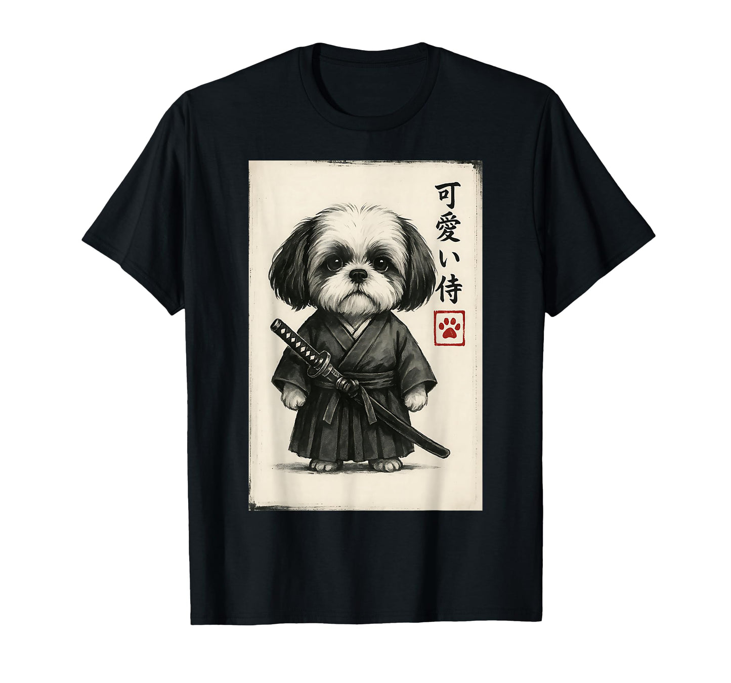 Shih Tzu Samurai Ink Art Sumi-e Style Novelty Kawaii T-Shirt