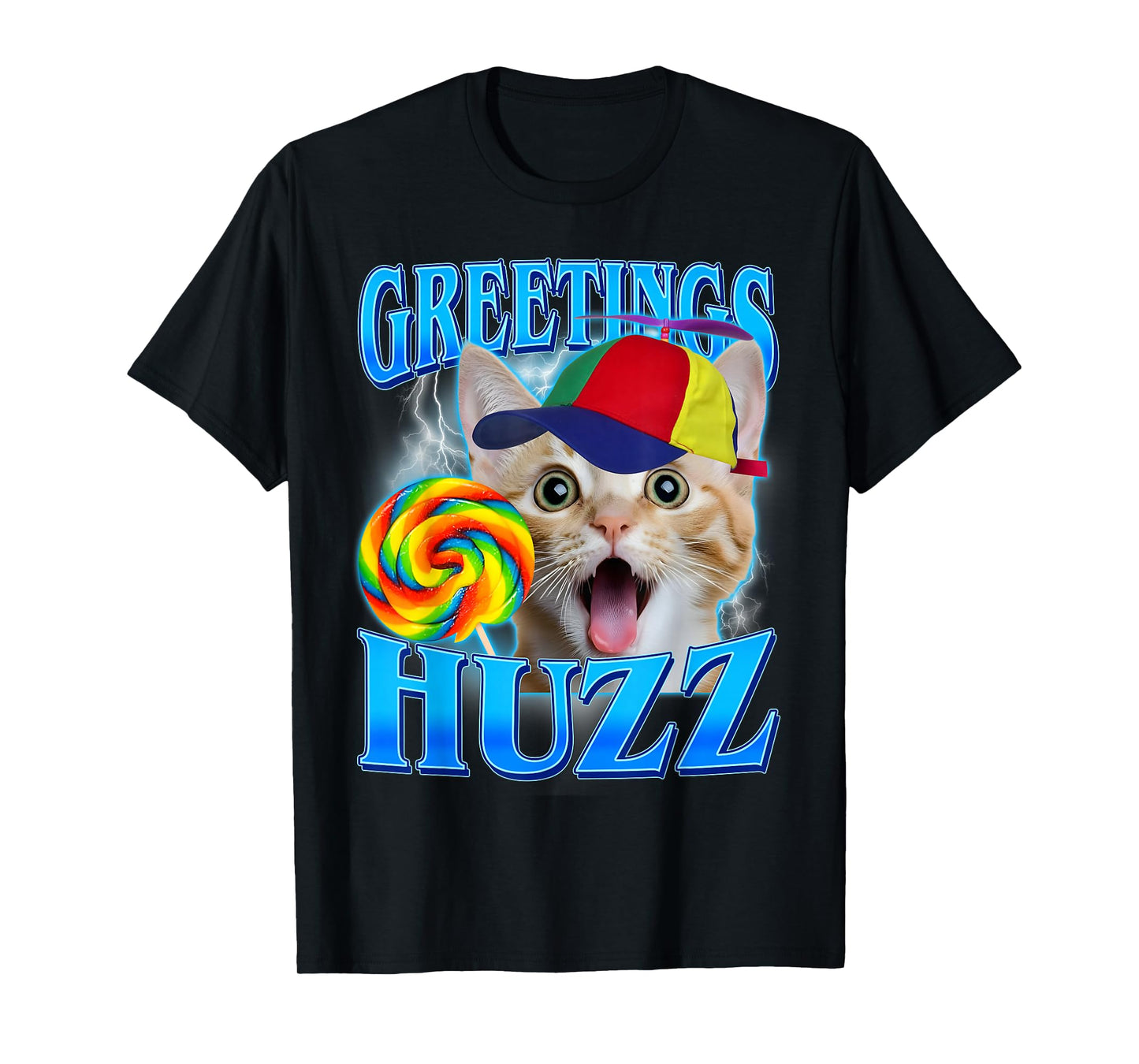 Cute Cat Meme Rainbow Lollipop Greetings Huzz Humor T-Shirt