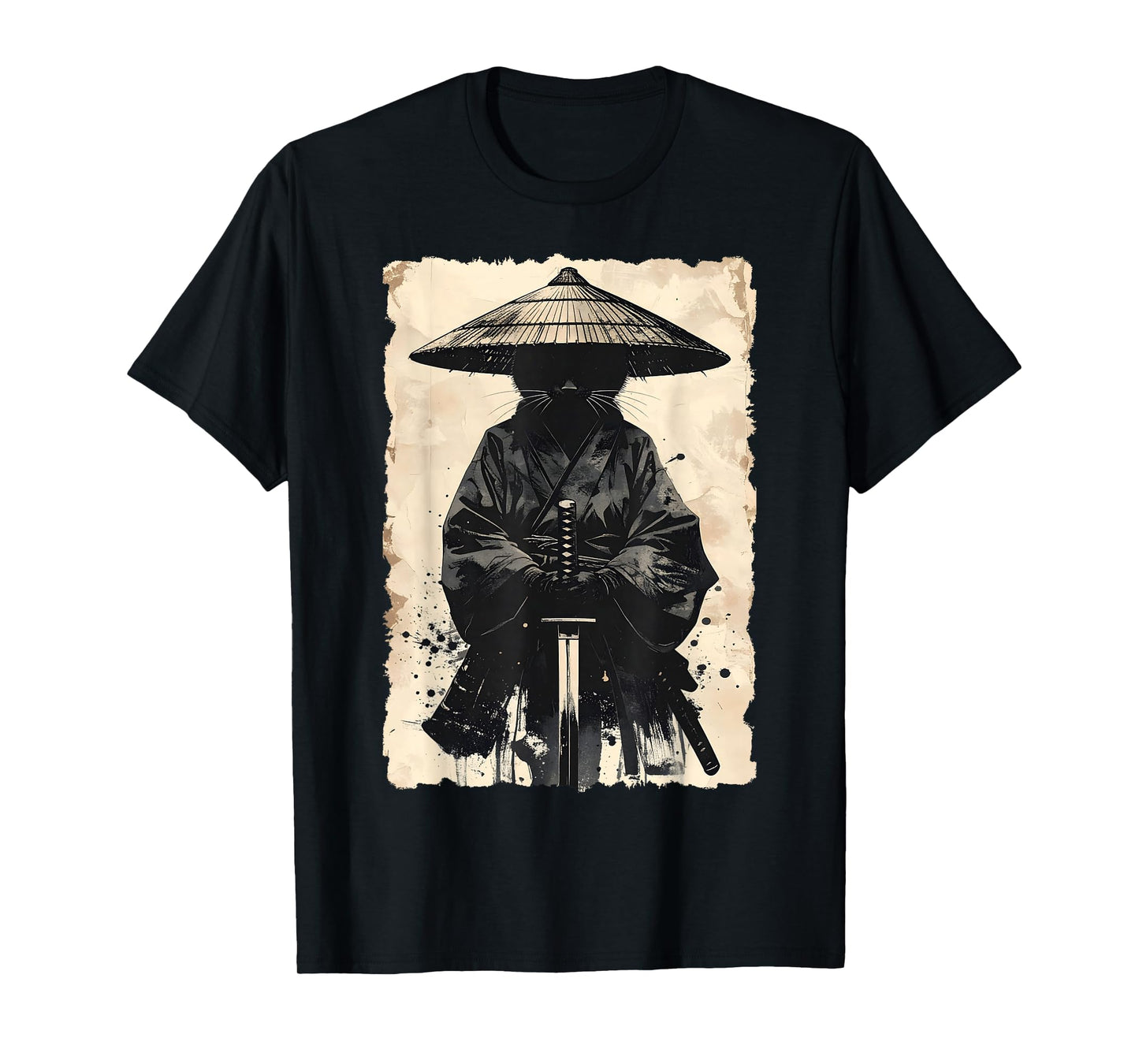Samurai Cat Vintage Japanese Graphic Warrior Anime Art T-Shirt