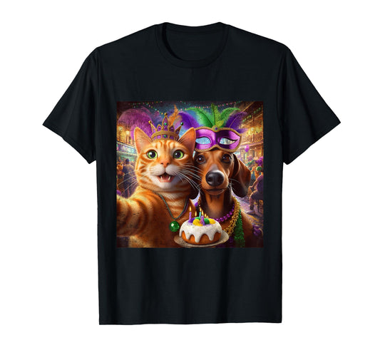 Funny Mardi Gras Cat Dachshund Selfie Squad T-Shirt