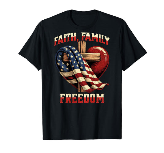 On Back Flag Cross Patriotic July 4th Faith Family Freedom T-Shirt