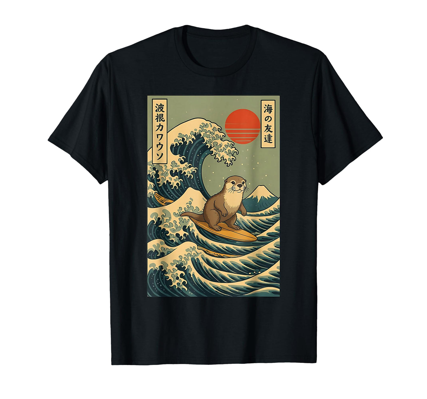 Surfing Otter Japanese Wave Design Retro Ukiyo-e Artwork T-Shirt
