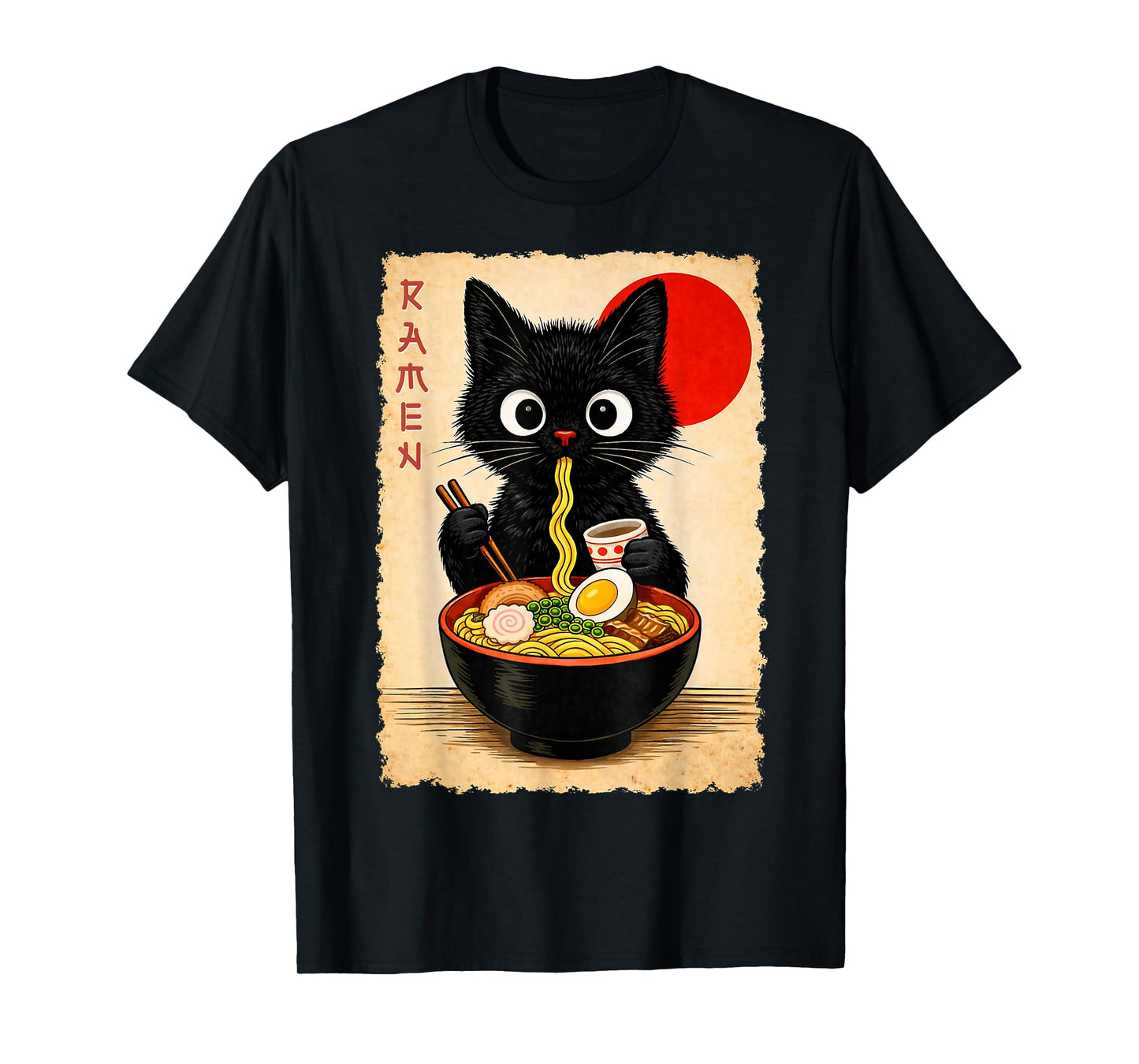 Cute Black Cat Eating Ramen Artwork Print Anime Style Wall T-Shirt