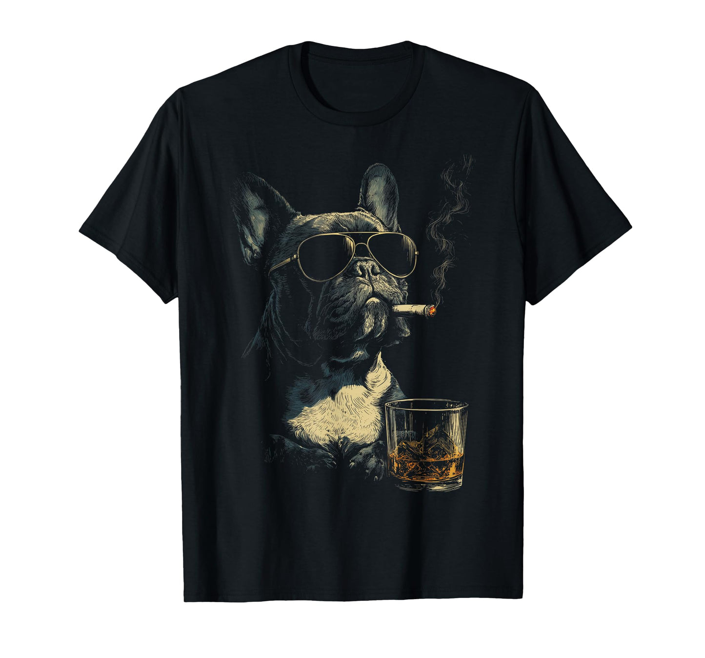 French Bulldog Smoking Cigarette Whisky Lover Funny Dog T-Shirt
