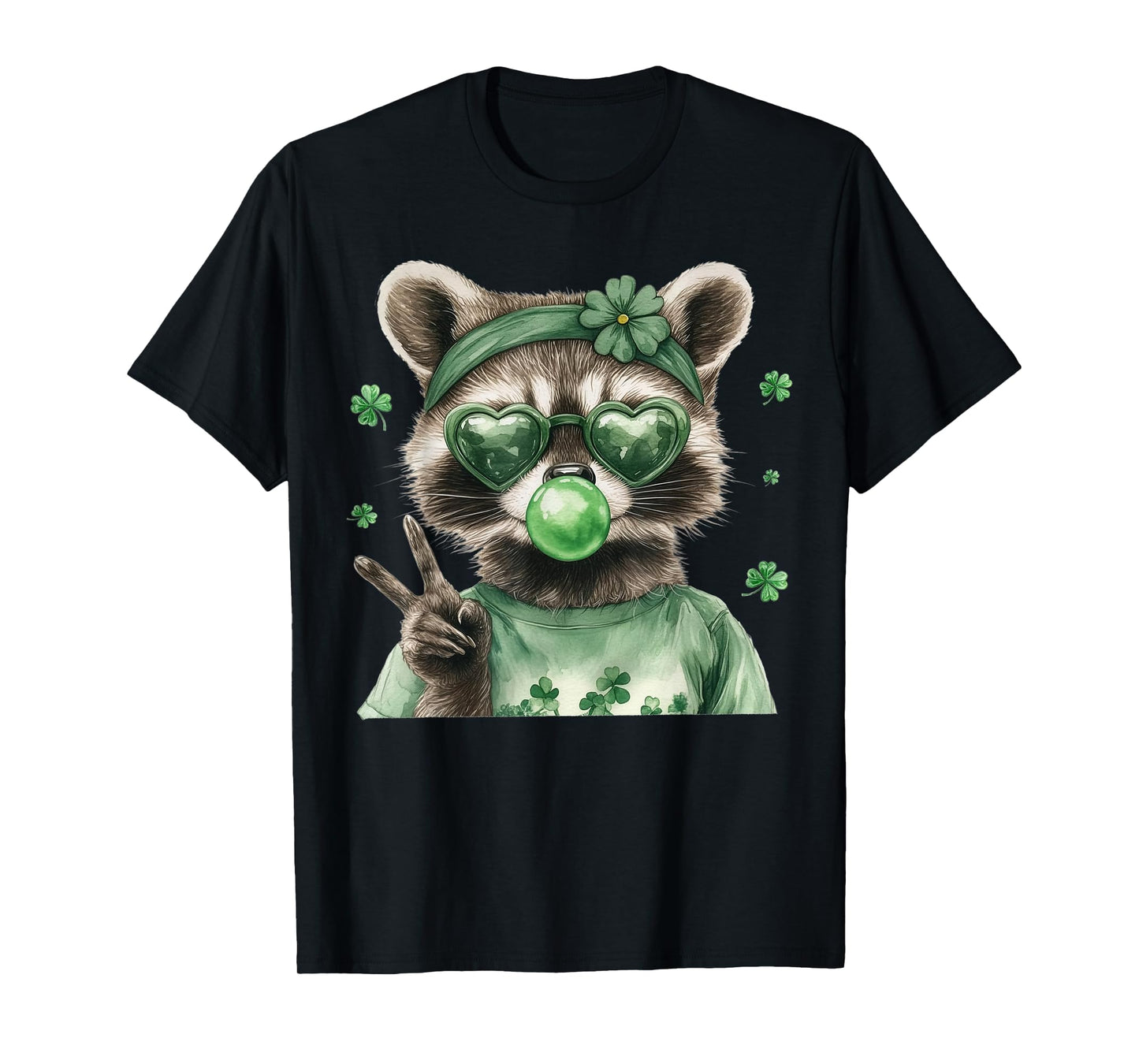 Raccoon Blowing Bubblegum Irish Shamrock St. Patricks Day T-Shirt