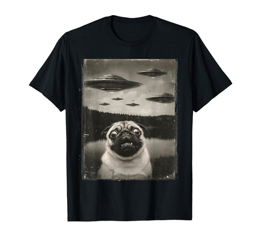 Pug Dog Selfie with UFO Alien Puppy Funny Men Women Kids T-Shirt