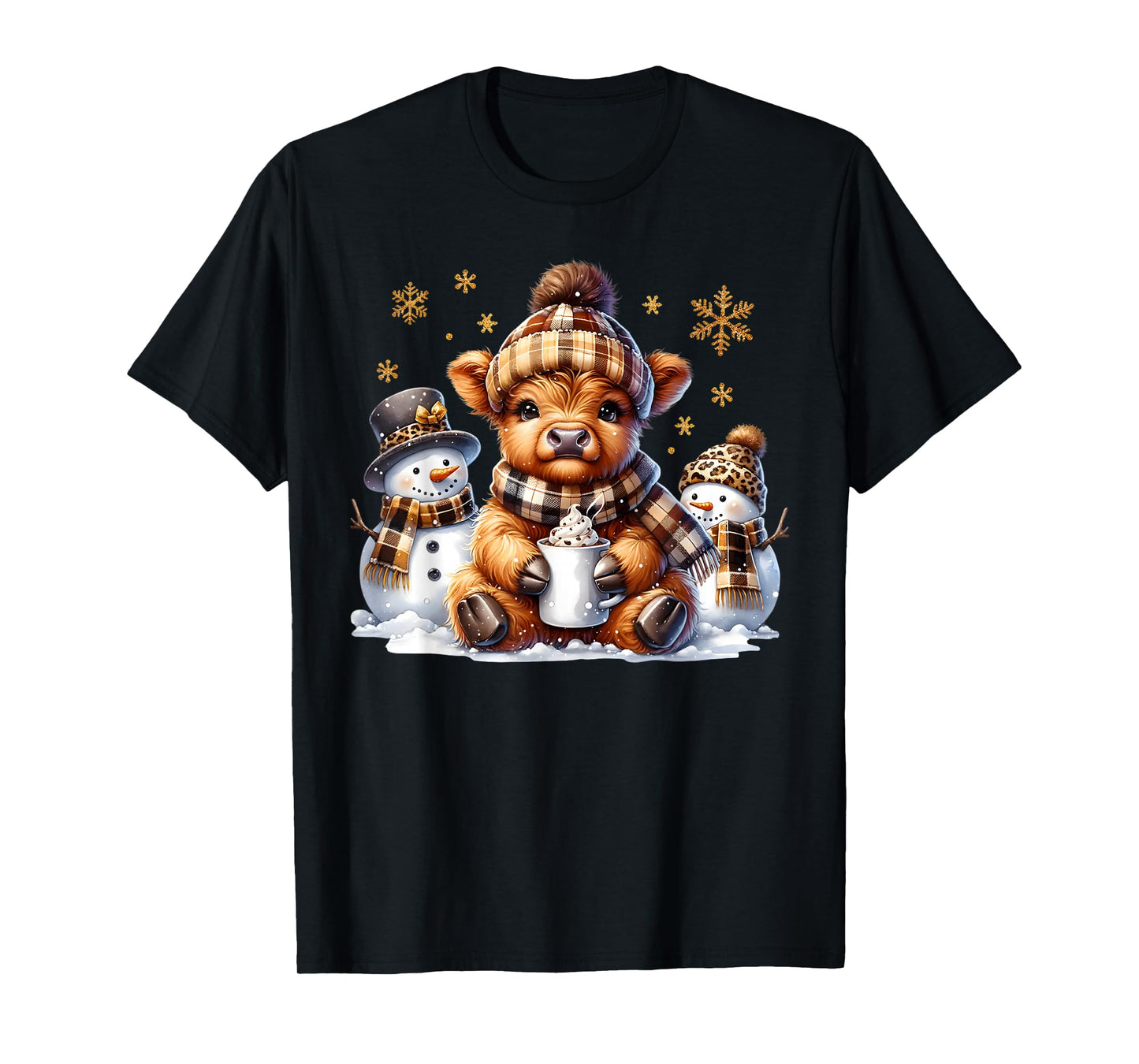 Funny Xmas Merry Cows Cute Highland Cow Christmas Snowman T-Shirt