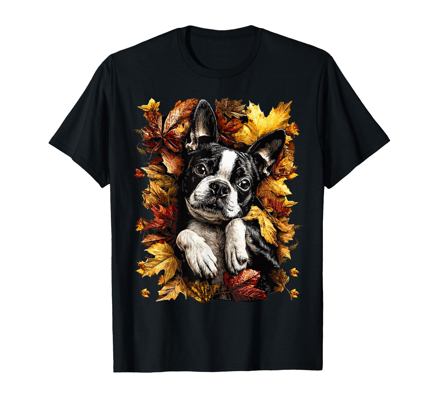 Adorable Boston Terrier with Autumn Leaves Fall Season Dog T-Shirt