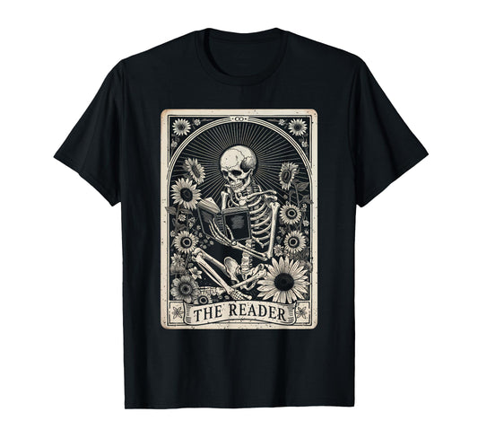 Floral The Reader Tarot Card Funny Skeleton Reading Book T-Shirt