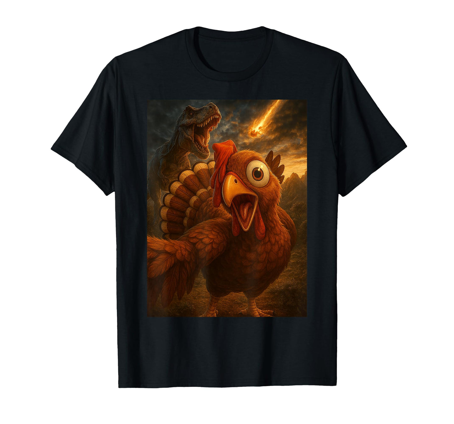 Funny Turkey Selfie with Dinosaur and Meteor Apocalypse Gift T-Shirt