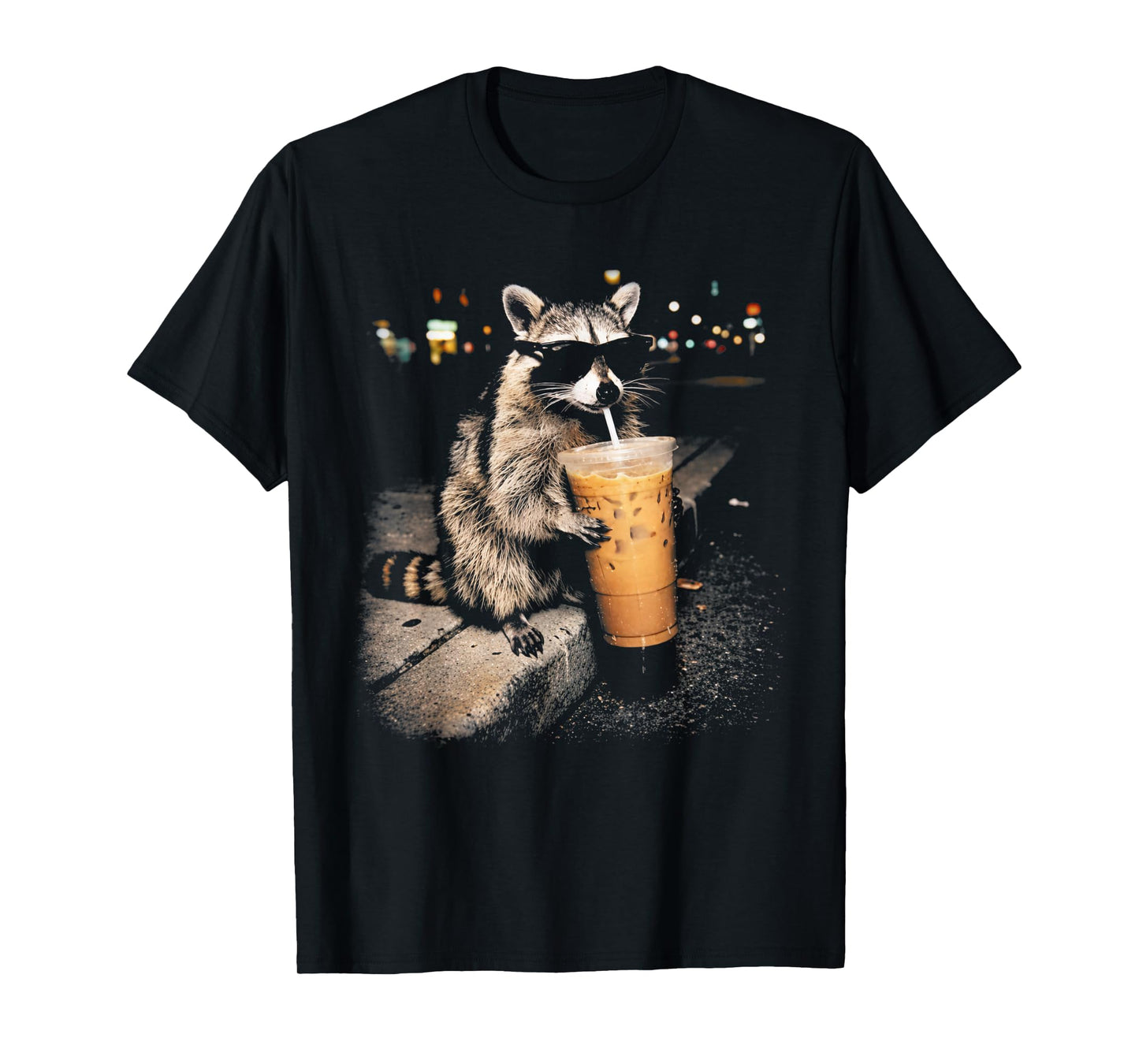 Raccoon Drinking Iced Coffee Funny Animal Meme Men Women T-Shirt