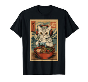 Cute Kawaii Gamer Cat Funny Ramen Retro Japanese Cat Gaming T-Shirt