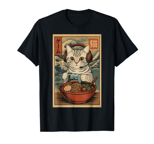 Cute Kawaii Gamer Cat Funny Ramen Retro Japanese Cat Gaming T-Shirt
