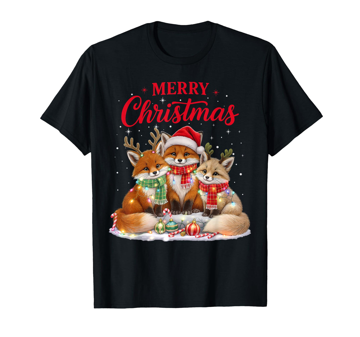Funny Fox Christmas Lights Santa Xmas Forest Animals Holiday T-Shirt
