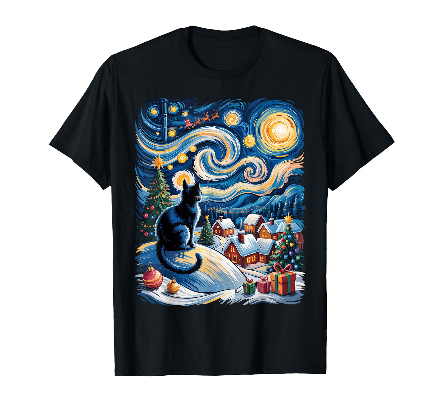 Christmas Cat Van Gogh Starry Night Xmas Cat Kitten Graphic T-Shirt