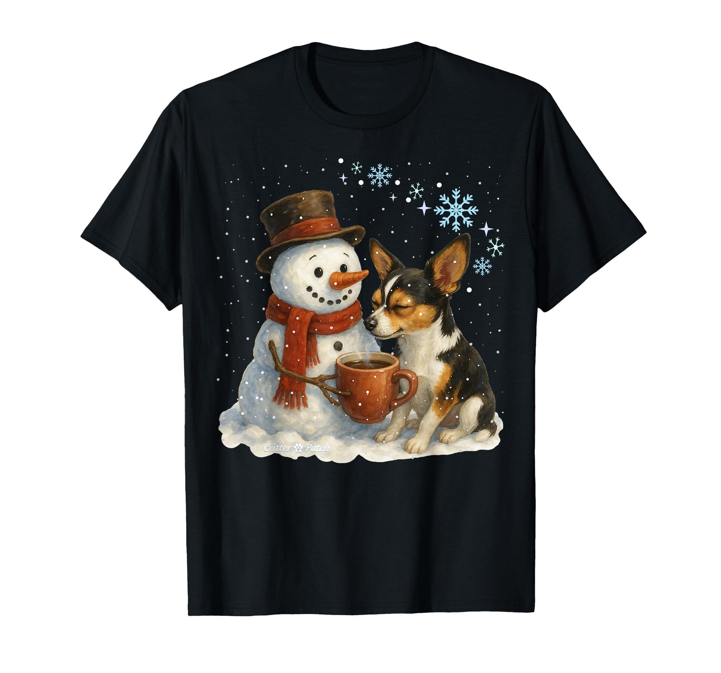 Tricolor Chihuahua and Snowman Friends Share Coffee in Snow T-Shirt