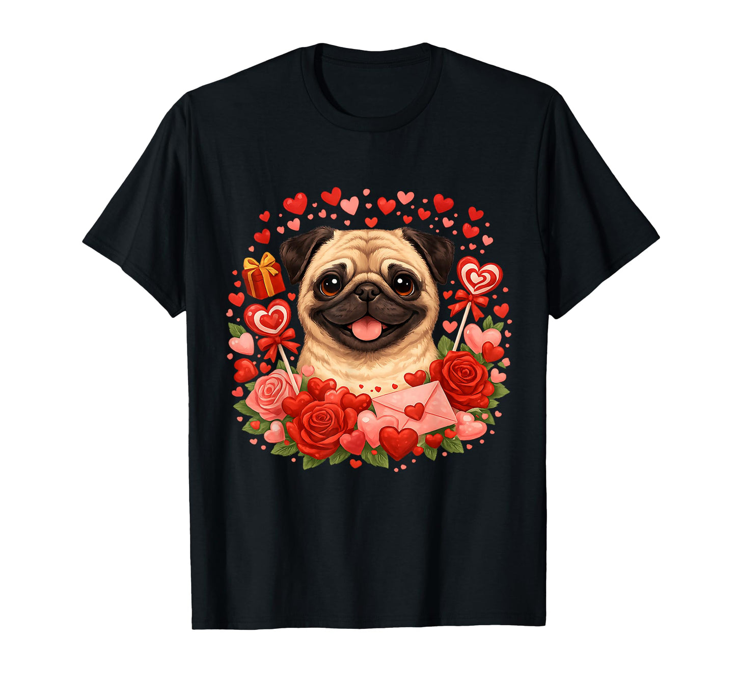 Cute Pug Valentine Day Hearts Roses T-Shirt