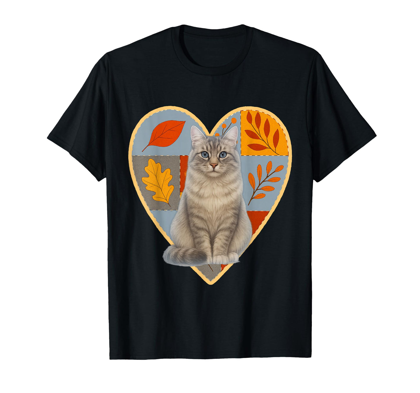 Silver Siberian Forest Cat Autumn Fall Patchwork Leaves Hear T-Shirt