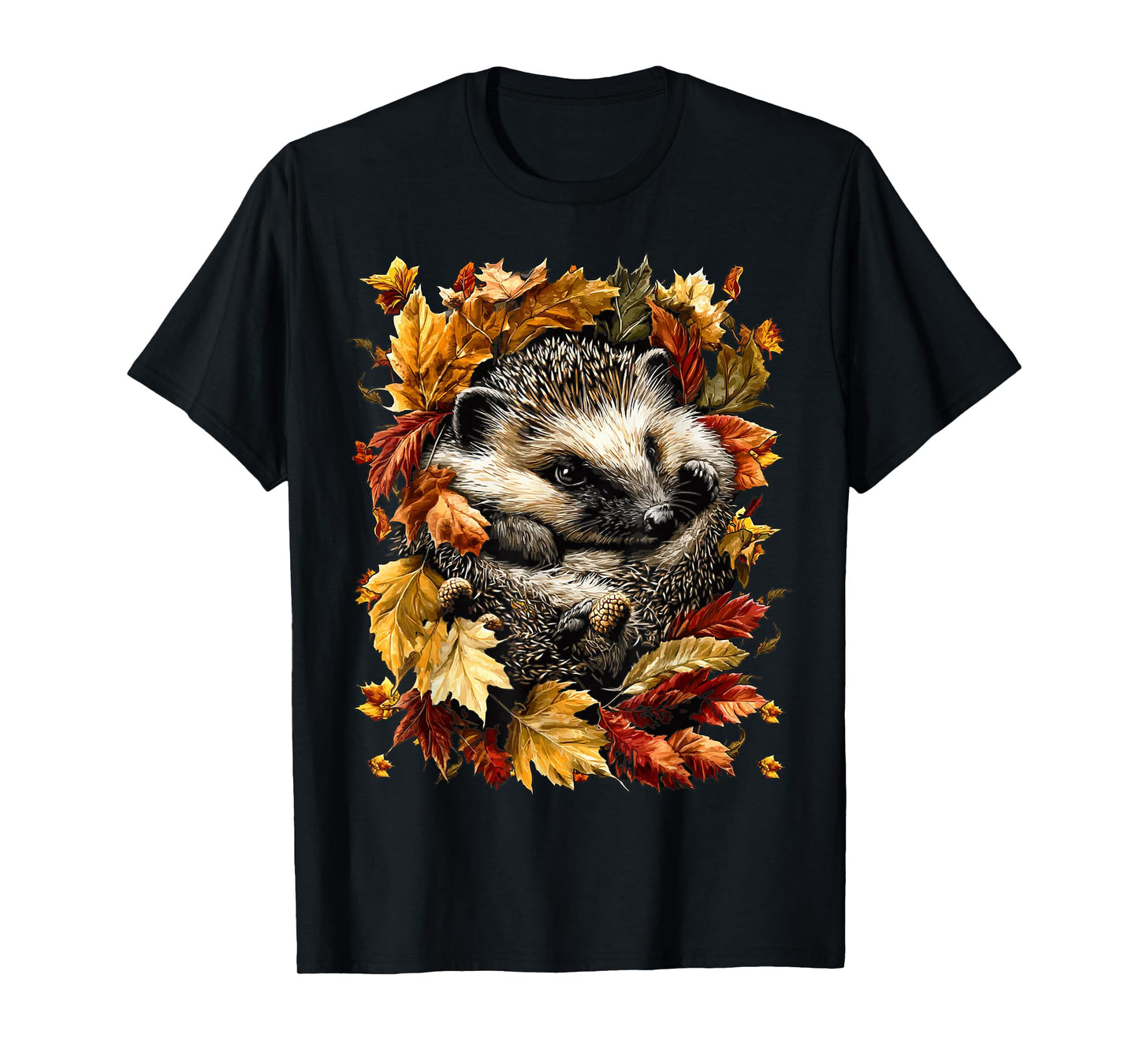 Adorable Hedgehog with Autumn Leaves Fall Season Animal T-Shirt