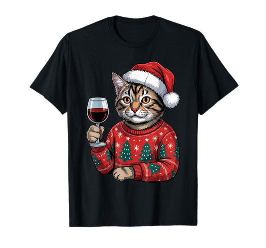 Christmas Santa Cat Drinking Wine Pajama Ugly Xmas Sweater T-Shirt