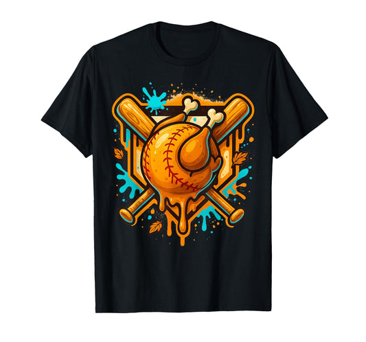 Turkey Baseball Thanksgiving Funny Roast Ball Drip Graffiti T-Shirt