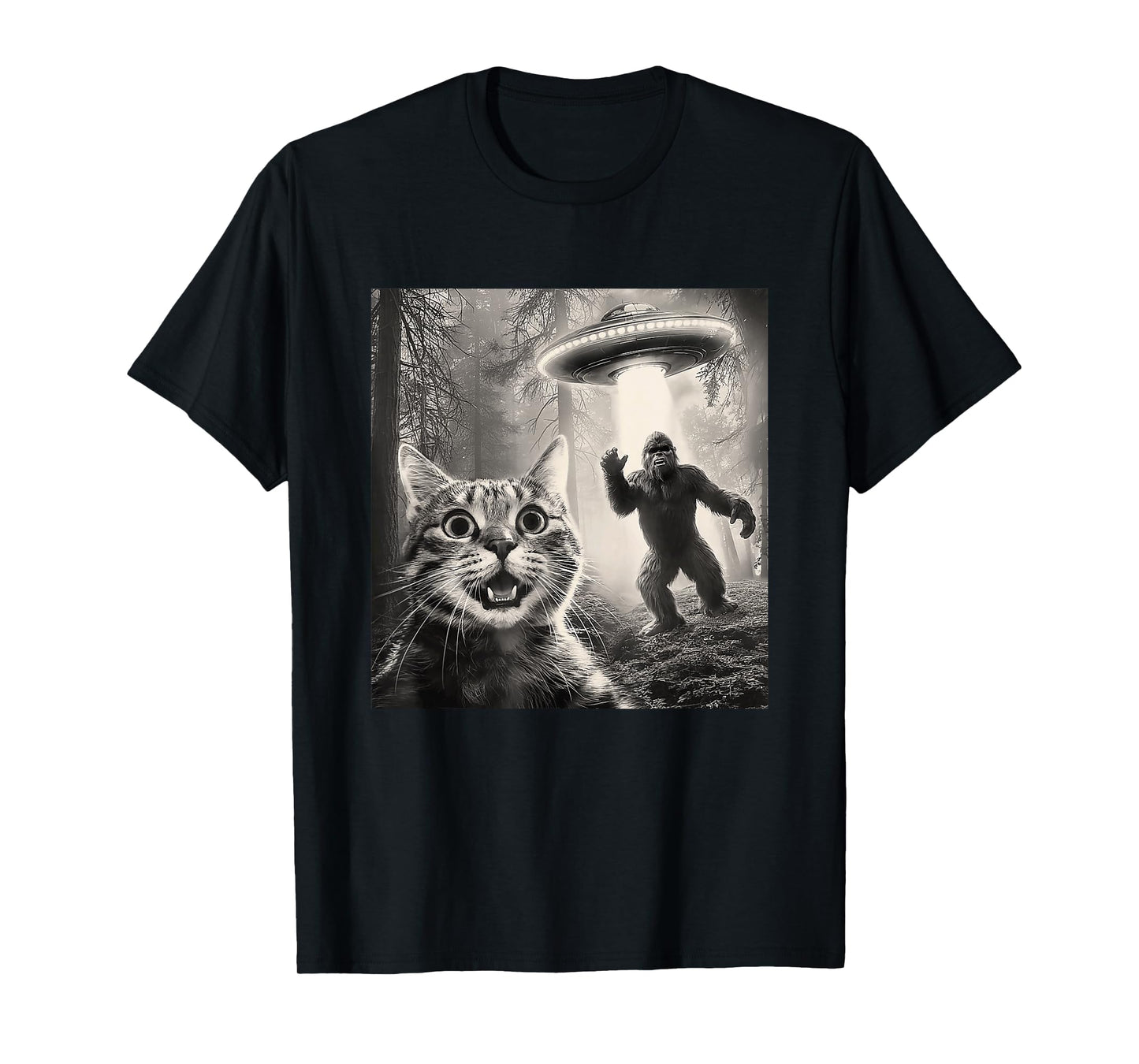 Cat Selfie Forest Trees Alien UFO Bigfoot Humor Sasquatch T-Shirt