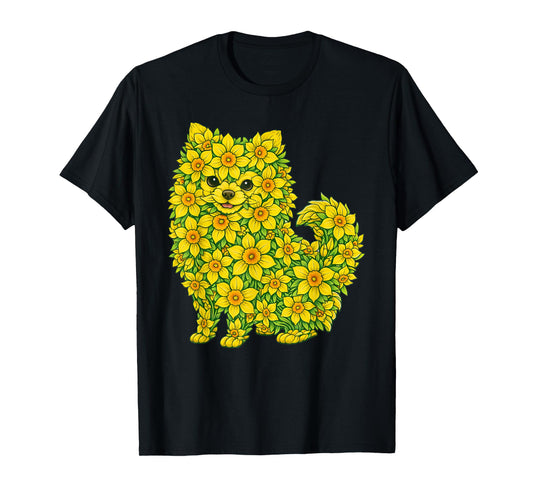 Daffodil Pomeranian Dog Flower Gardening Floral T-Shirt