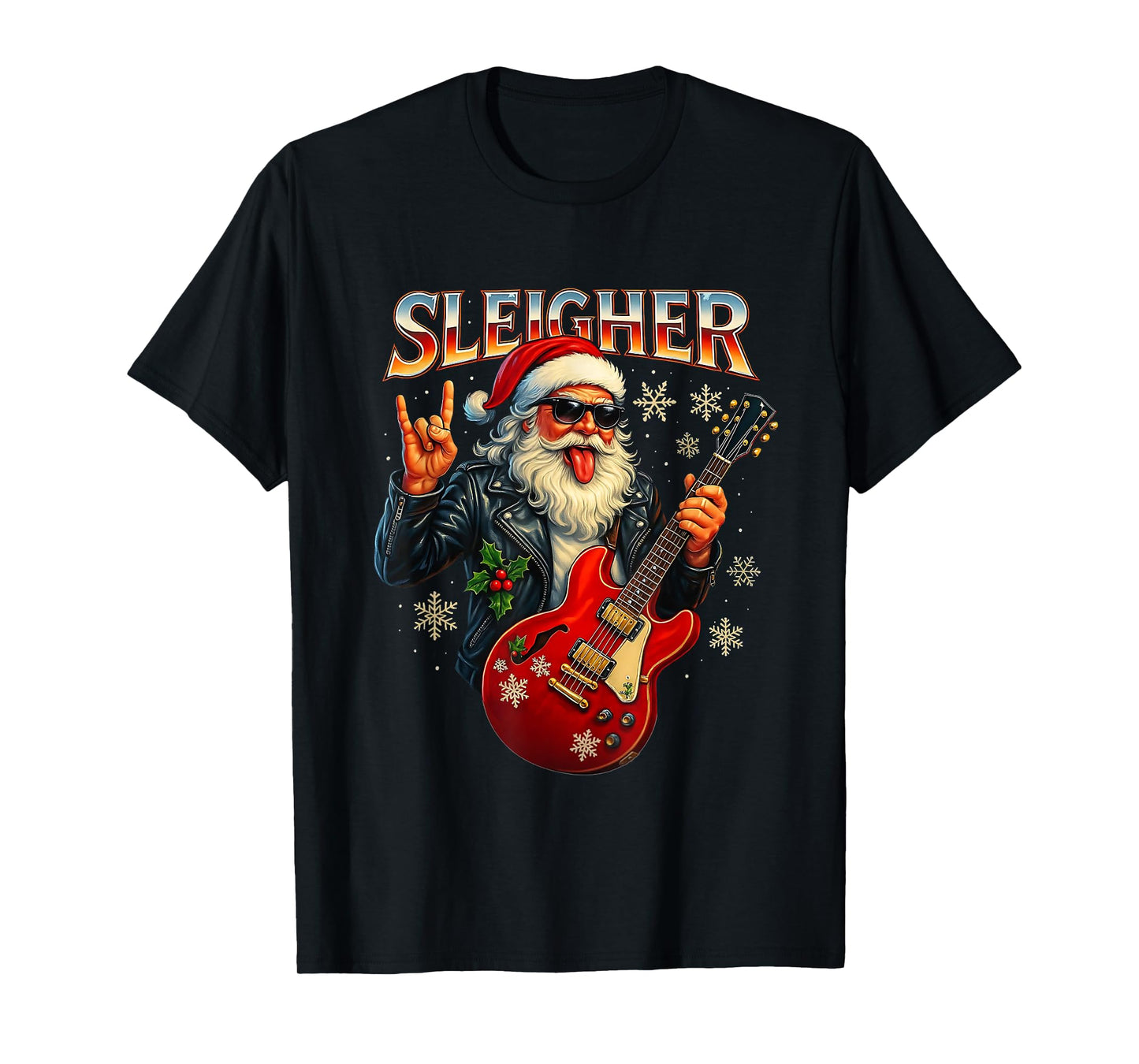 Sleigher Rock Santa Funny Metal Christmas Design T-Shirt