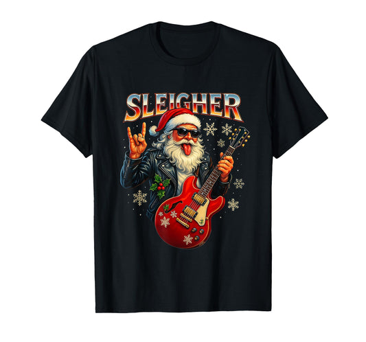 Sleigher Rock Santa Funny Metal Christmas Design T-Shirt