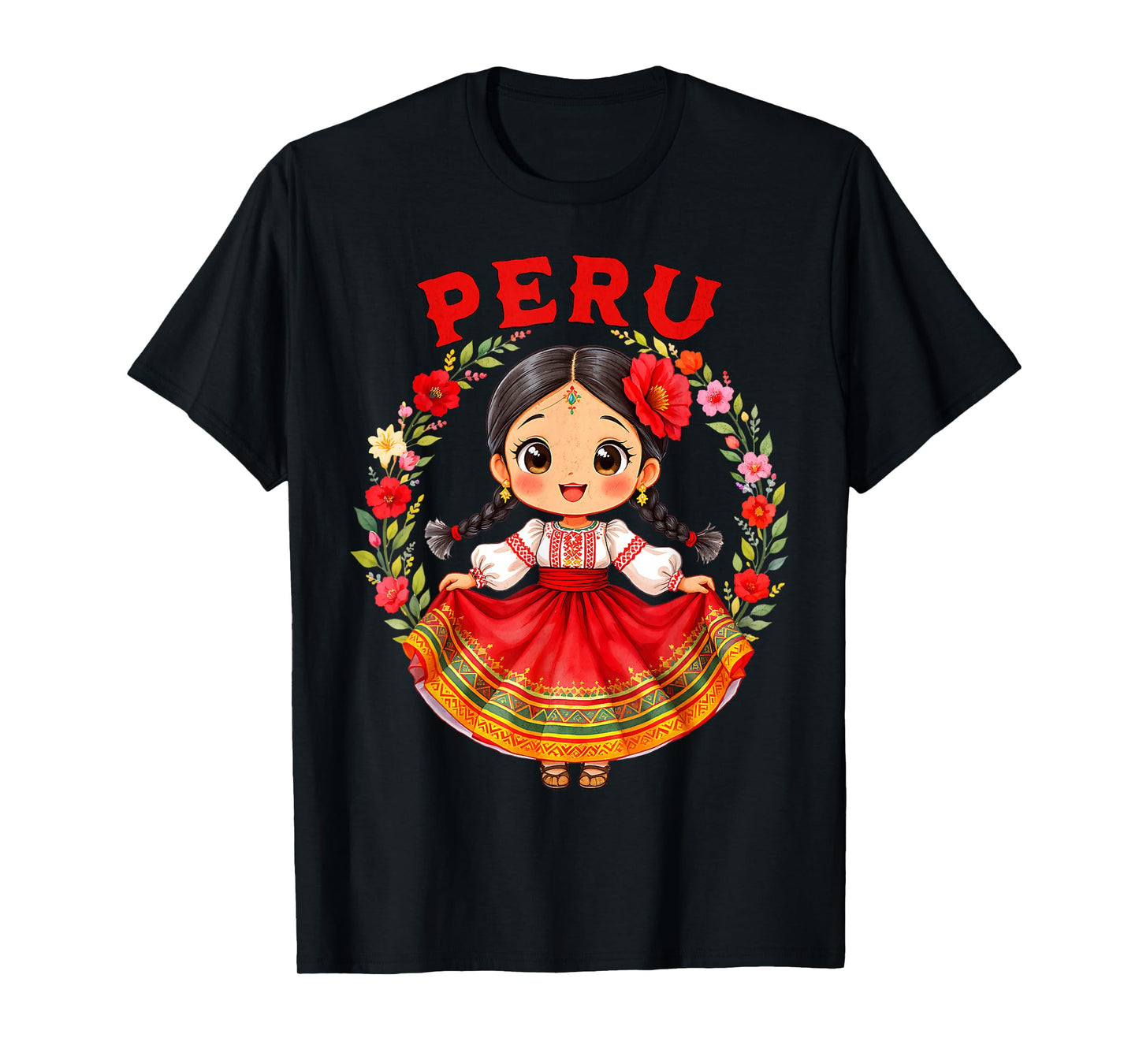 Cute Peru Girl Traditional Dress Colorful Flowers Girls Kids T-Shirt