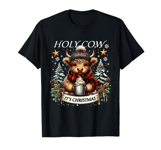 Holy Cow It’s Christmas Funny Cozy Farm Design HighlandCow T-Shirt