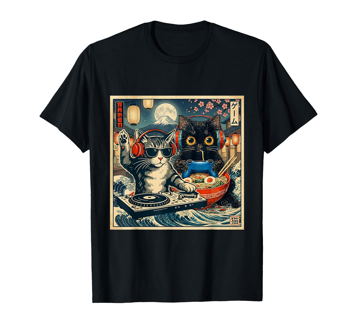 Dj Cat Vintage Style Music Black Cat Anime Ramen Japanese T-Shirt