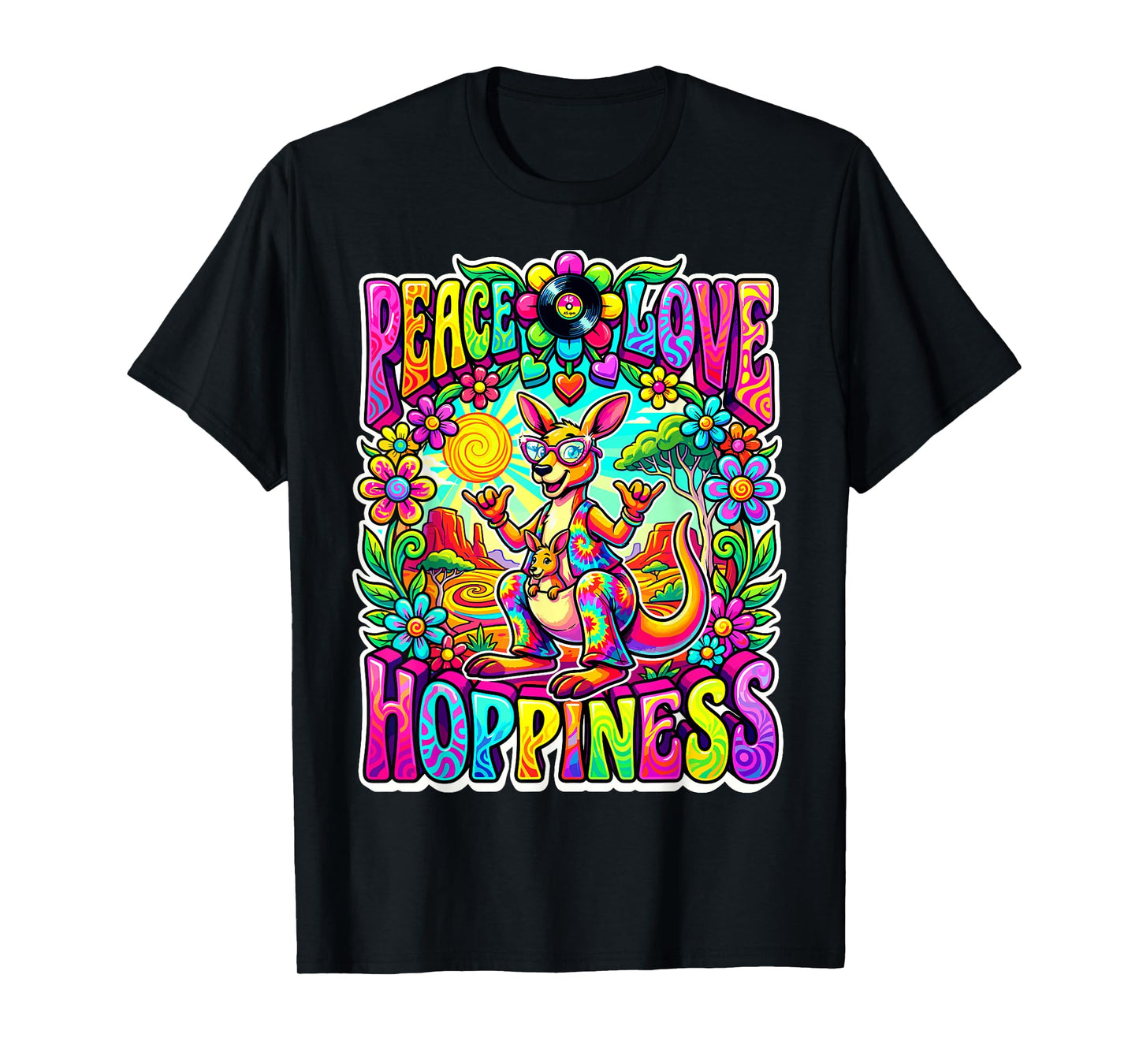 Retro Groovy Peace Love Hoppiness Roo and Joey Colorful Fun T-Shirt