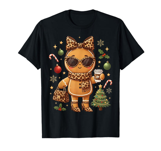 Cute Gingerbread Leopard Christmas Xmas Girl Women T-Shirt