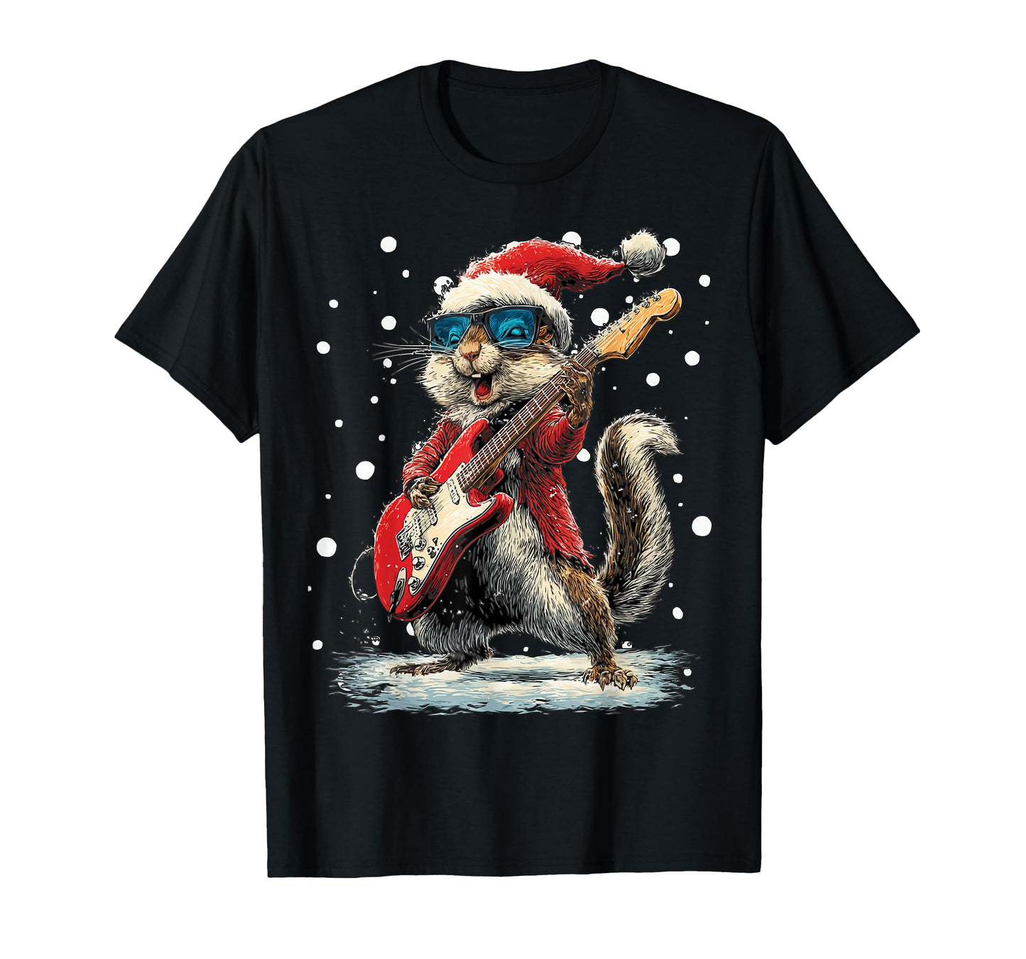 Christmas Squirrel Playing Guitar Funny Musician Kitten T-Shirt
