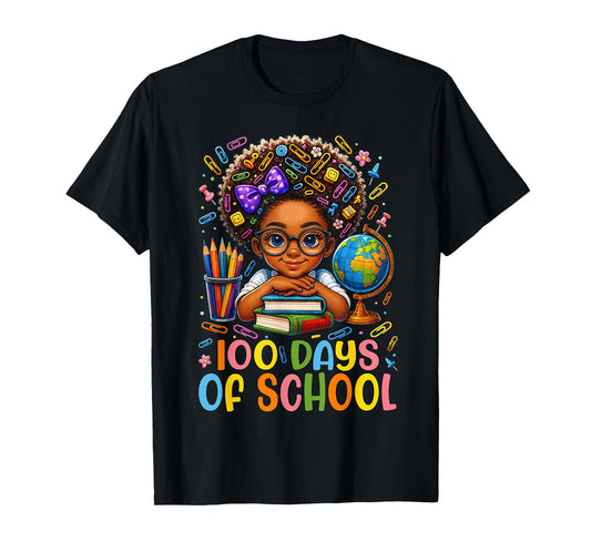 100 Days of School Afro Girl Messy Bun 100 Days Smarter Kids T-Shirt