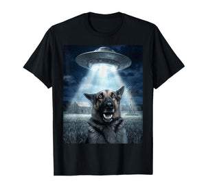 Scared German Shepherd Alien Beam UFO Farm Night T-Shirt