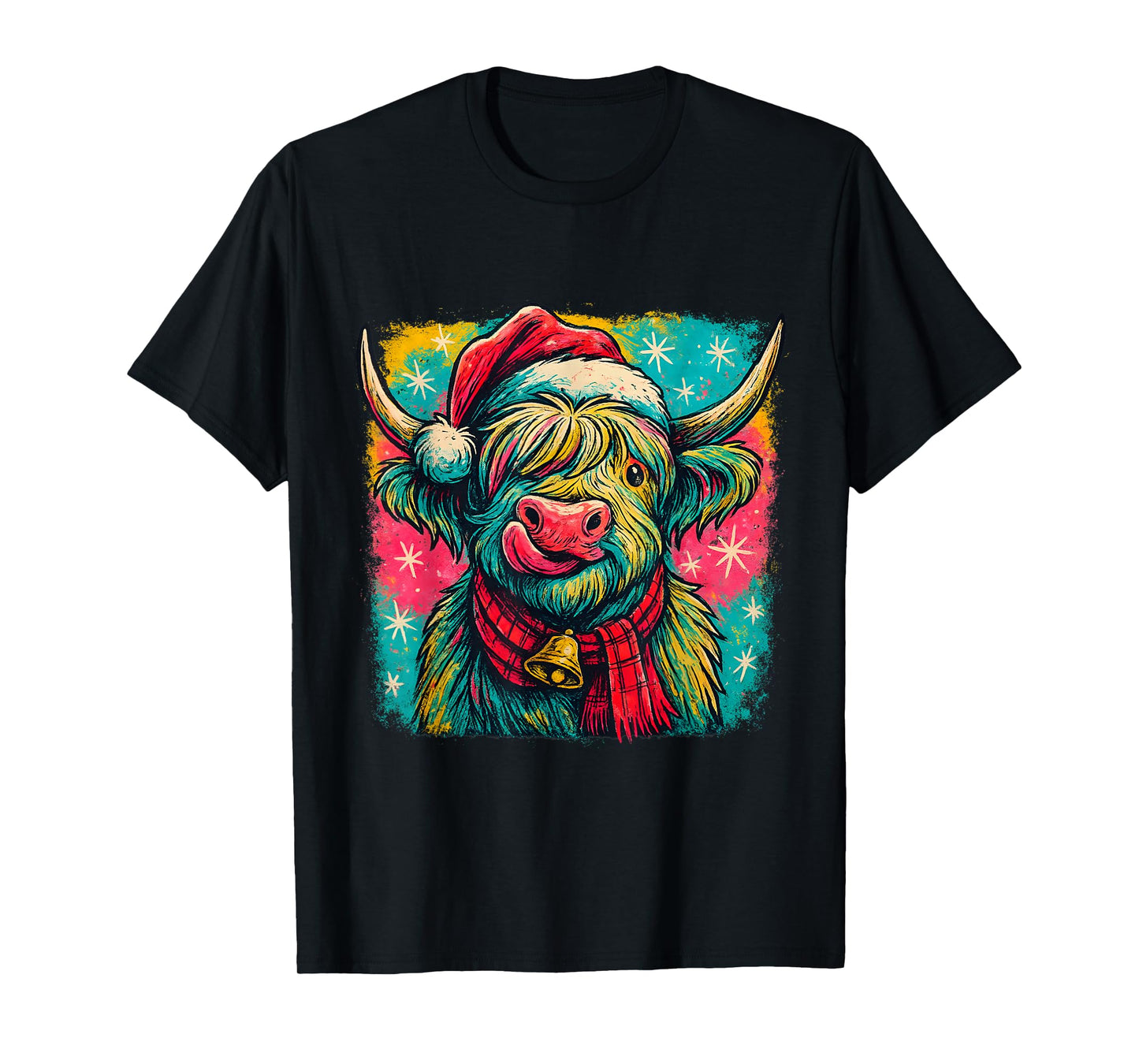 Colorful Highland Cow Christmas Plaid Bell Holiday Art T-Shirt
