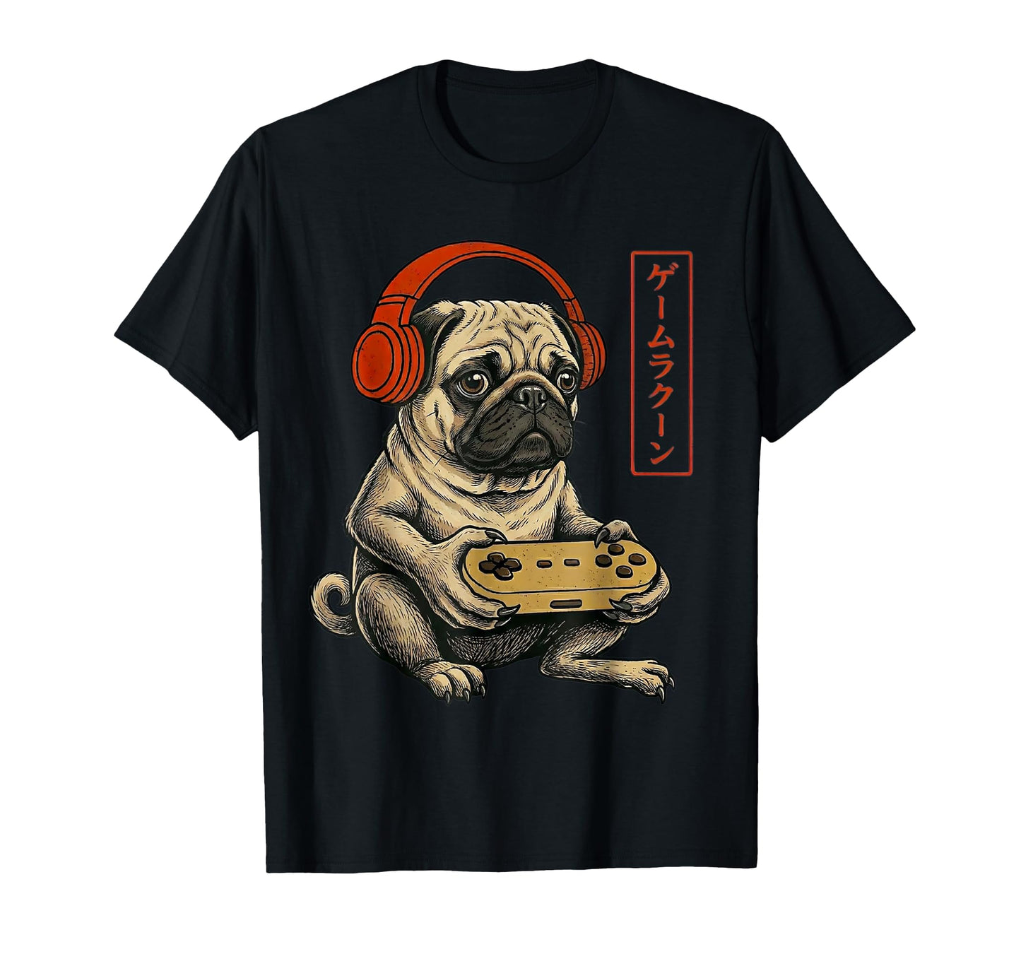 Japanese Gamer Pug Dog Art Men Women Boys Funny Gaming T-Shirt