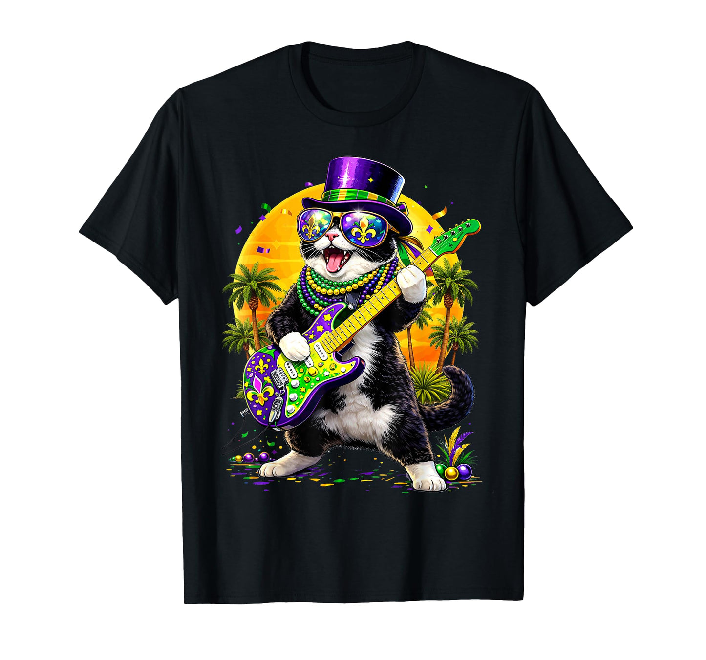 Funny Cat Playing Guitar Mardi Gras Men Women Teens Kids T-Shirt