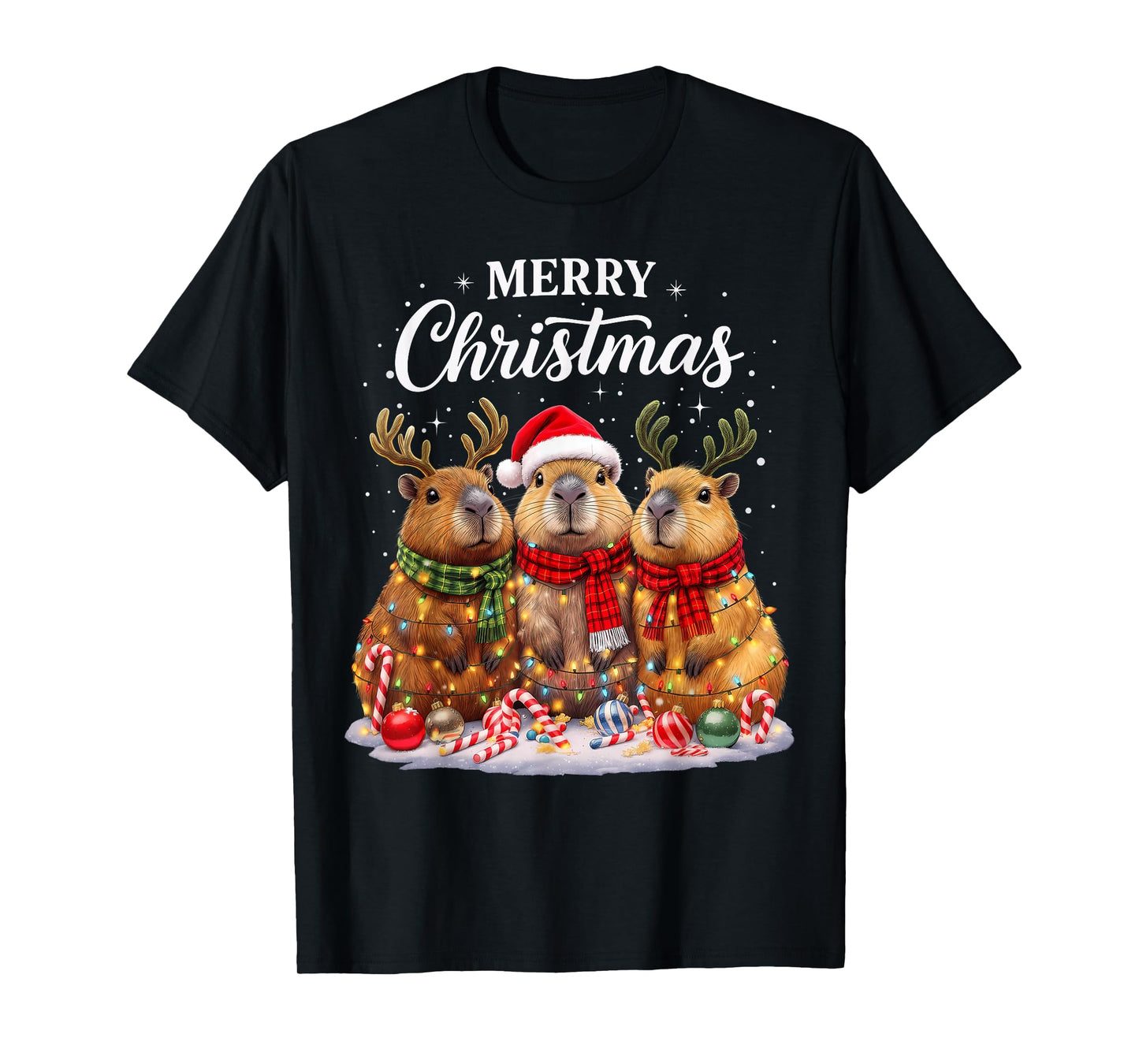 Christmas Capybara Santa Hat Reindeer Xmas Holiday Lights T-Shirt