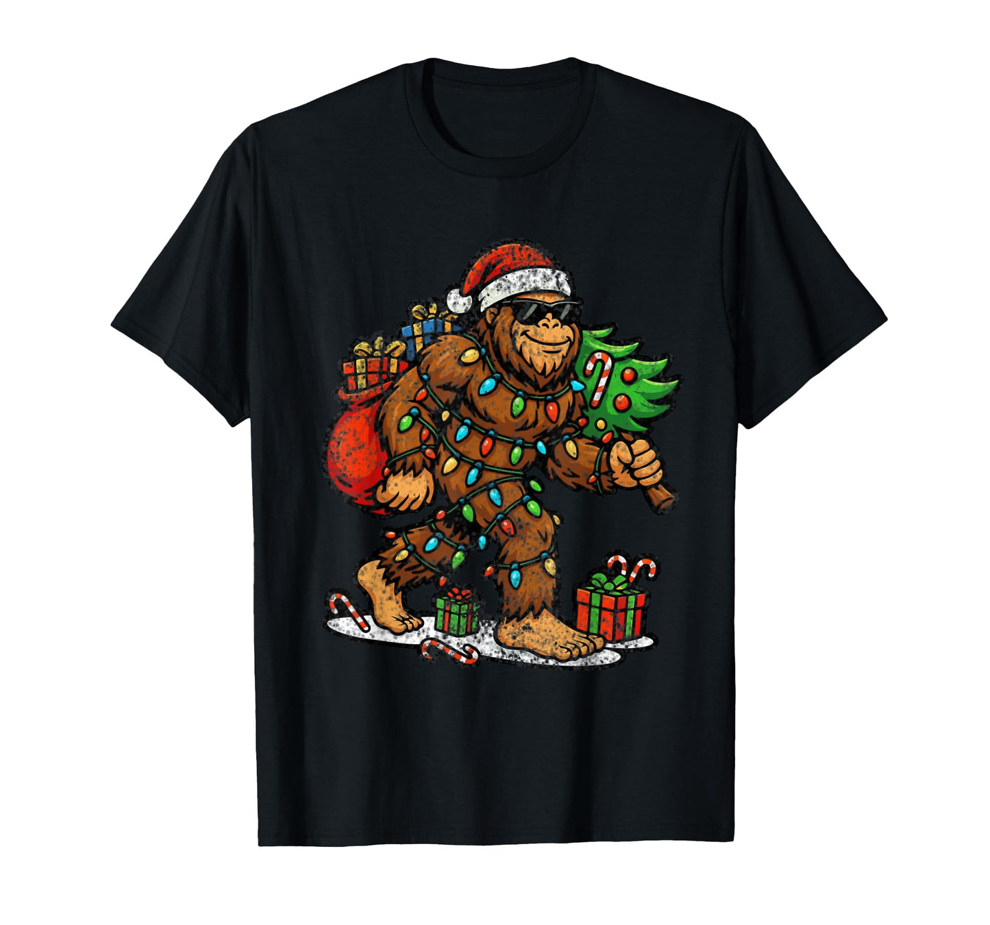 Santa Bigfoot Christmas Tree Xmas Lights Funny Sasquatch T-Shirt