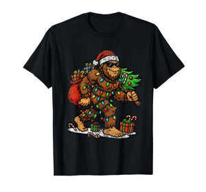 Santa Bigfoot Christmas Tree Xmas Lights Funny Sasquatch T-Shirt