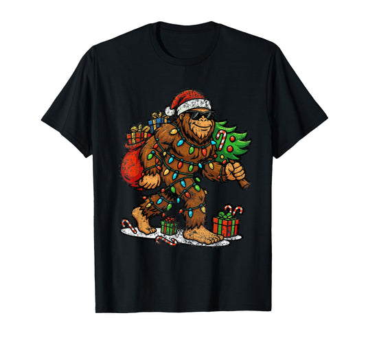 Santa Bigfoot Christmas Tree Xmas Lights Funny Sasquatch T-Shirt