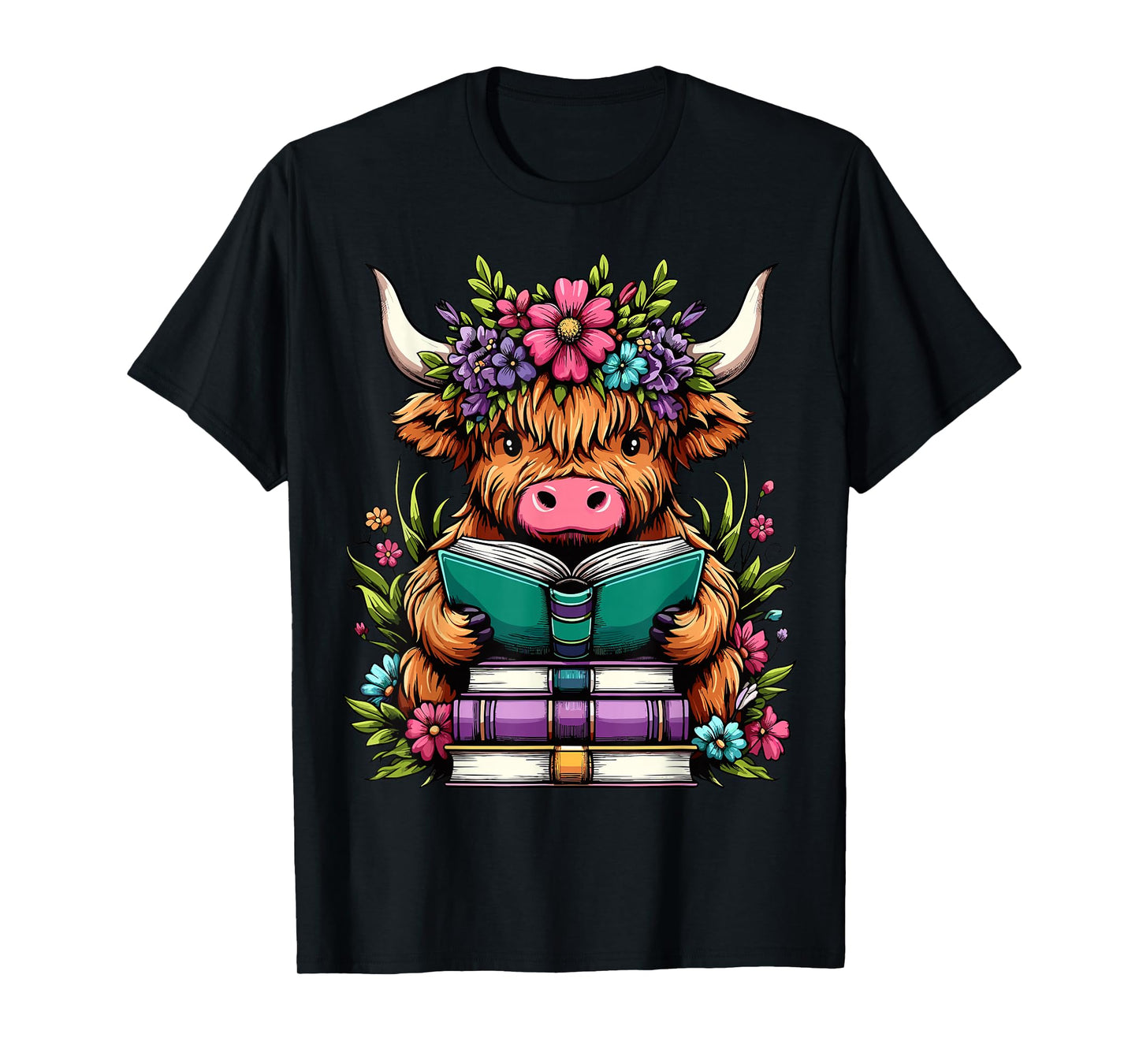 Highland Cow Book Floral Bookworm T-Shirt