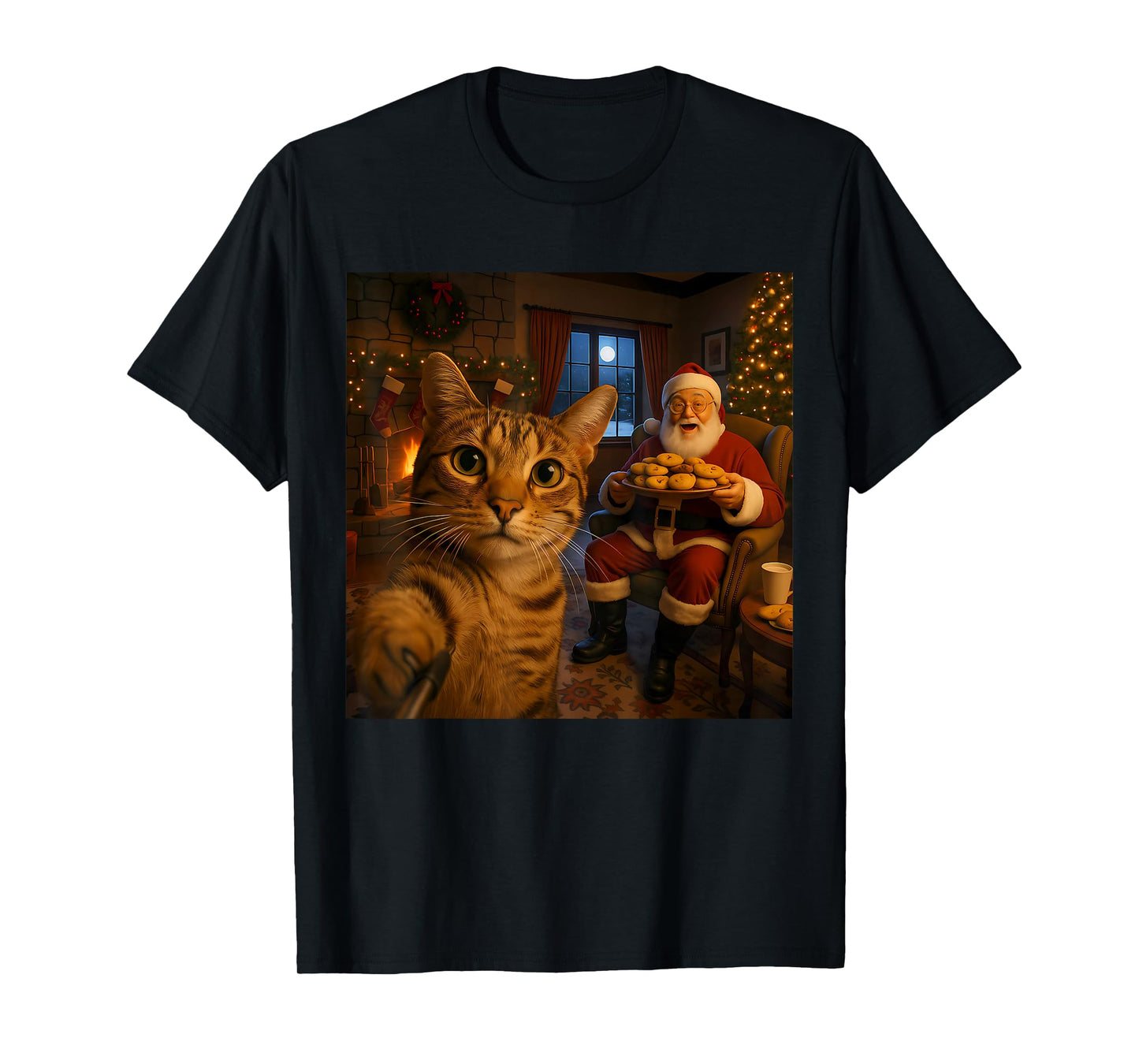 Funny Cat Selfie with Santa Claus Christmas Meme Men Women T-Shirt